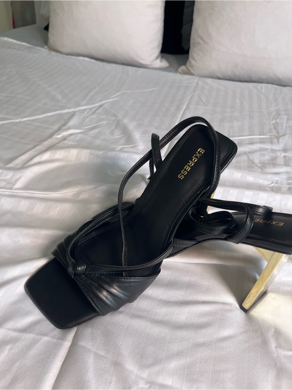 Express Black Strappy Square-Toe Heels with Gold Accent